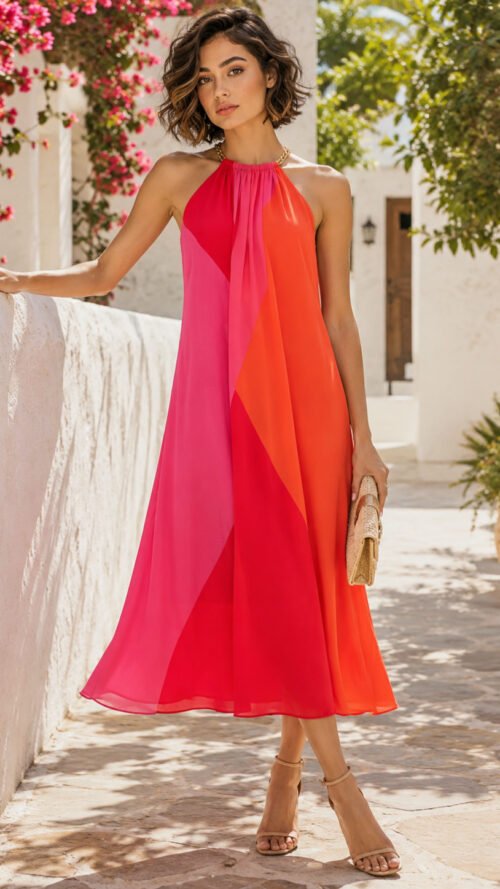 Adrianna Papell Colorblock Chain Halter Midi Dress