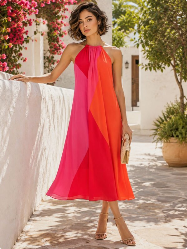 Adrianna Papell Colorblock Chain Halter Midi Dress Adrianna Papell Colorblock Chain Halter Midi Dress