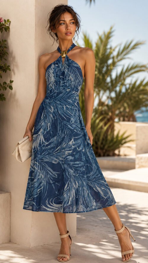 Donna Karan New York Halter Chiffon A-Line Sleeveless Midi Dress