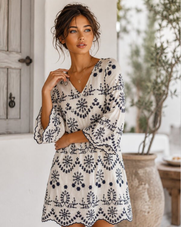 V-Neck Flare Sleeve Embroidered Cotton Eyelet Dress V-Neck Flare Sleeve Embroidered Cotton Eyelet Dress