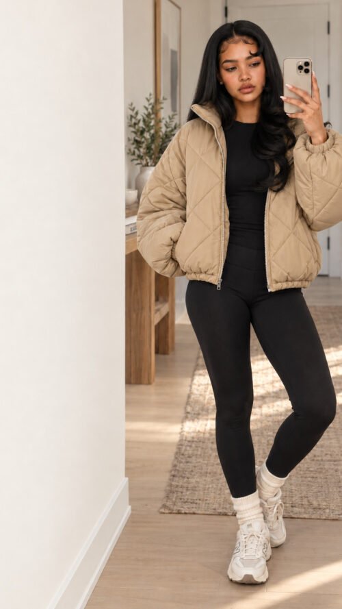 Women’s Khaki Cropped Quilted Puffer Jacket with Puff Sleeves