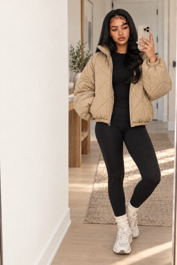 Woman in khaki quilted jacket Women’s Khaki Cropped Quilted Puffer Jacket with Puff Sleeves